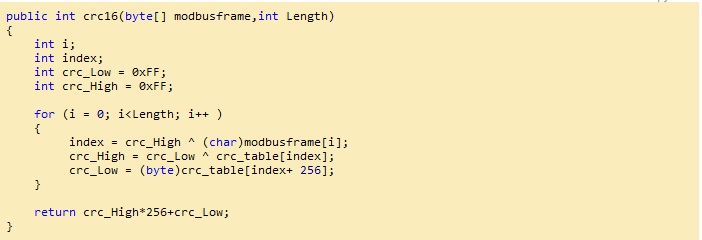 Modbus calcul crc